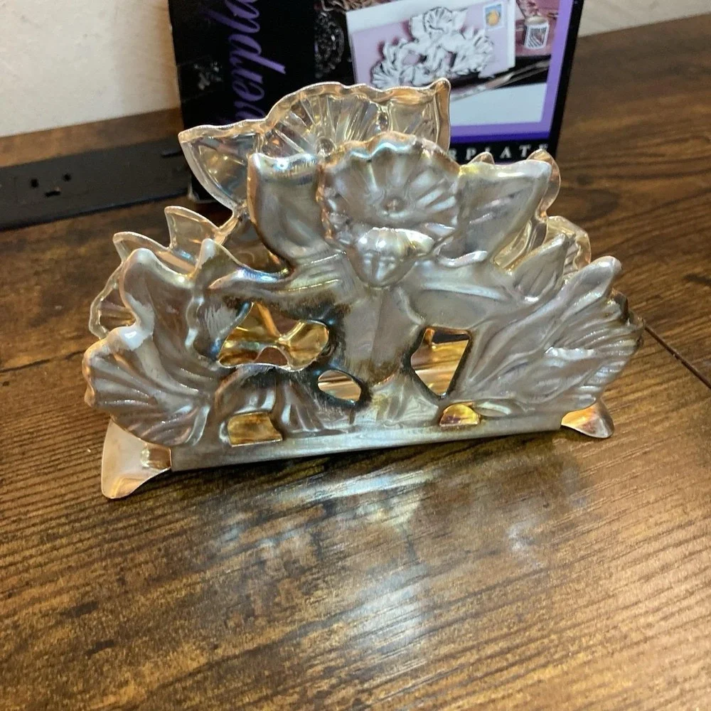 Genuine Silverplate Art Nouveau‎ Floral Letter Holder Napkin Holder Openwork